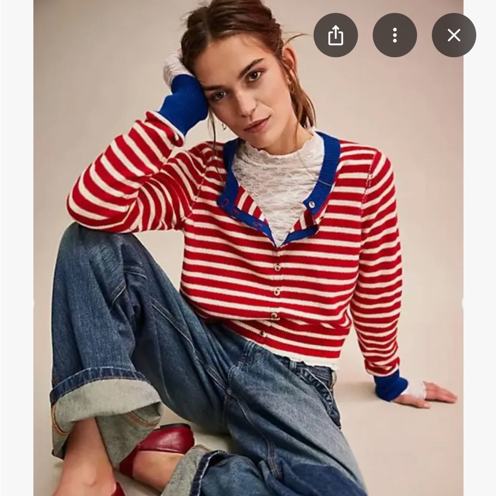 Free People Red White Nocturnal Stripe Cashmere Blend Cardi Cardigan